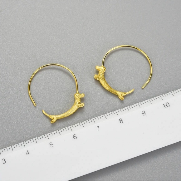 Real 925 Sterling Silver/18k Plated Gold Dachshund Dog Hoop Earrings - Picture 4 of 7